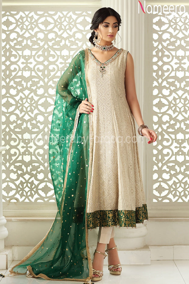 Pakistani White Party Frock with Embroidery Online