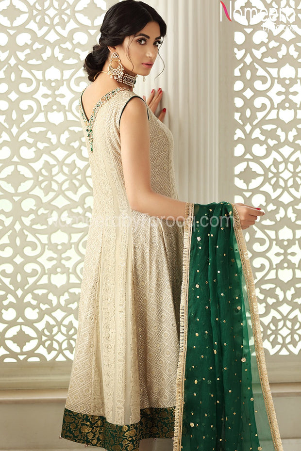 Pakistani White Party Frock with Embroidery Online Backside Look