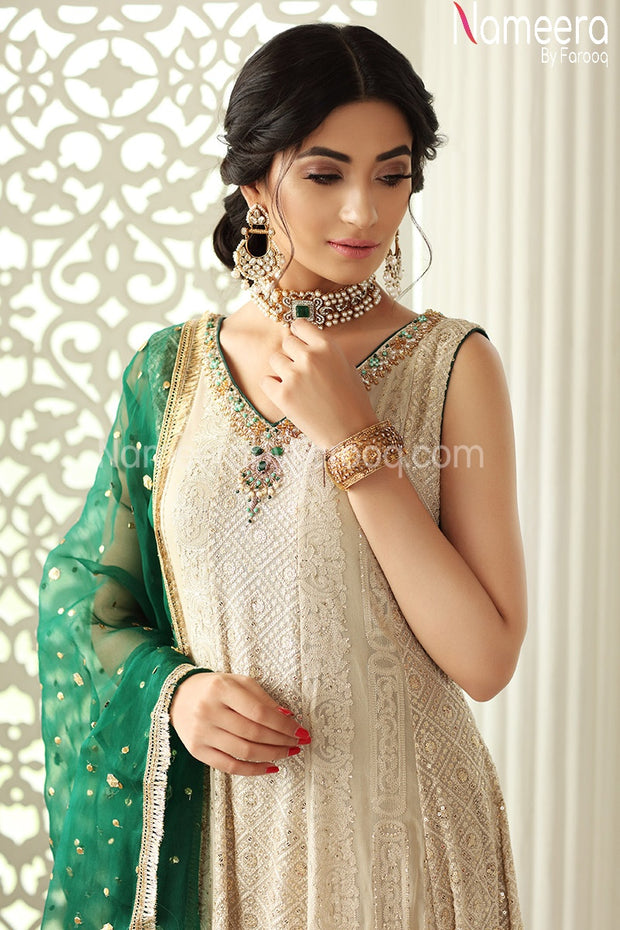 Pakistani White Party Frock with Embroidery Online #BB133