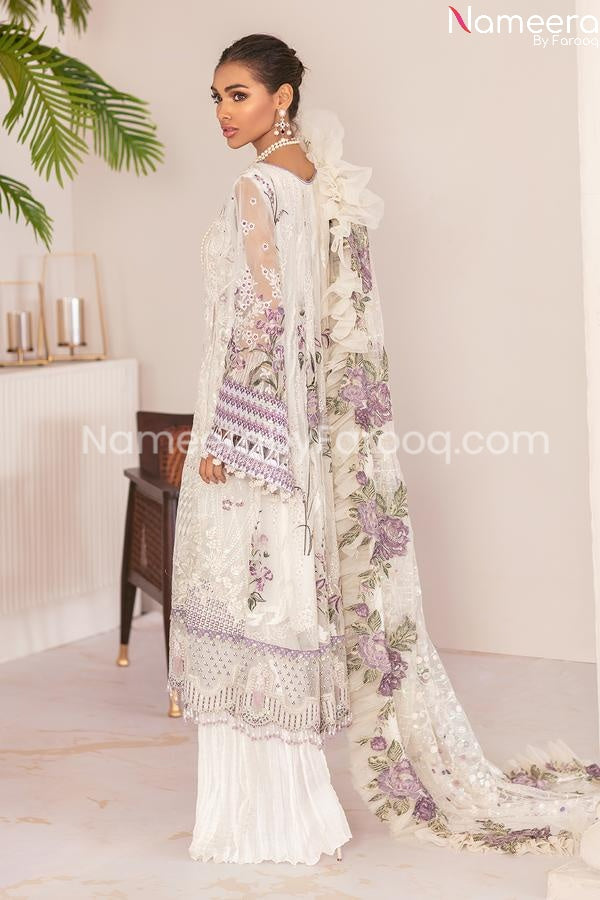 Pakistani White Purple Soft Party Wear Dress Online 2021 Nameera