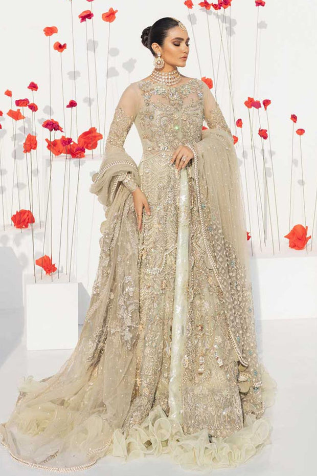 Pakistani White and Golden Wedding Lehenga Frock 