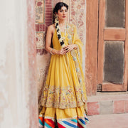 Pakistani Yellow Bridal Lehenga with Open Frock Dress