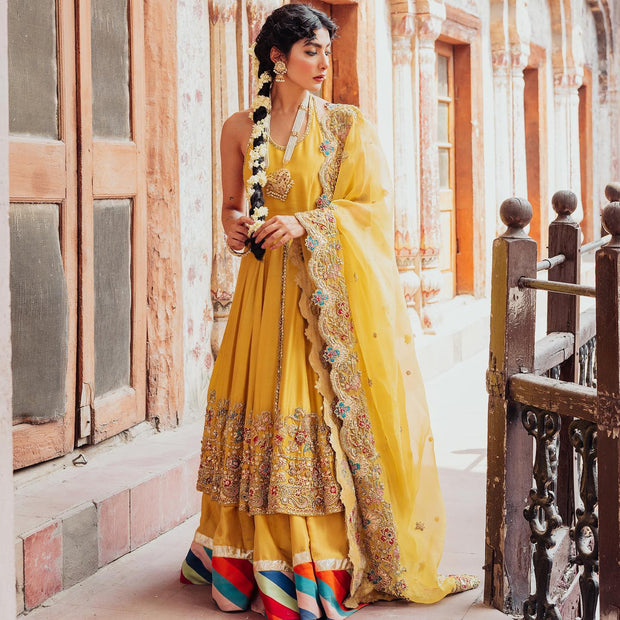 Pakistani Yellow Bridal Lehenga with Open Frock