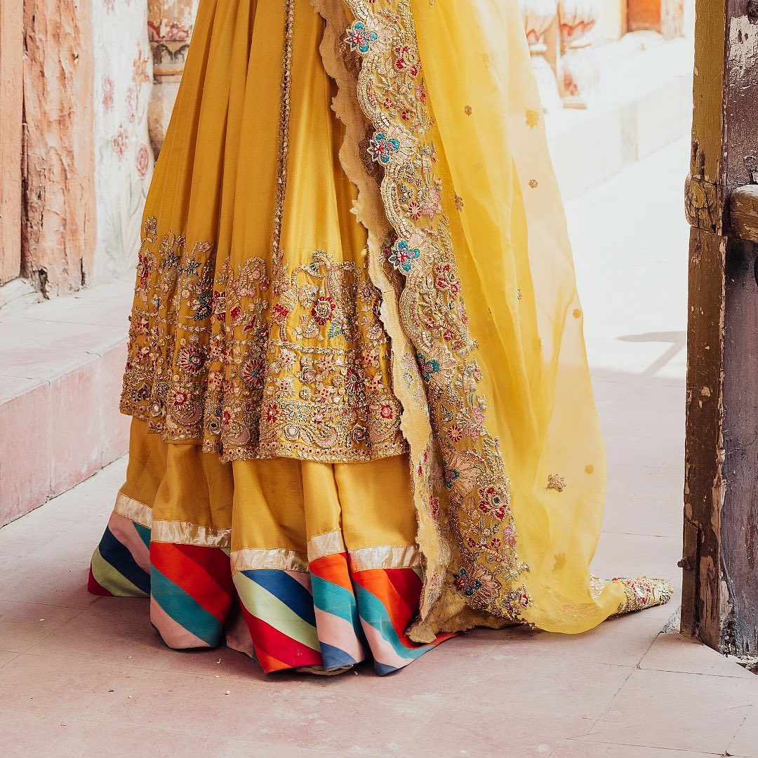 Pakistani Yellow Bridal Lehenga with Open Frock and Dupatta