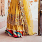 Pakistani Yellow Bridal Lehenga with Open Frock and Dupatta