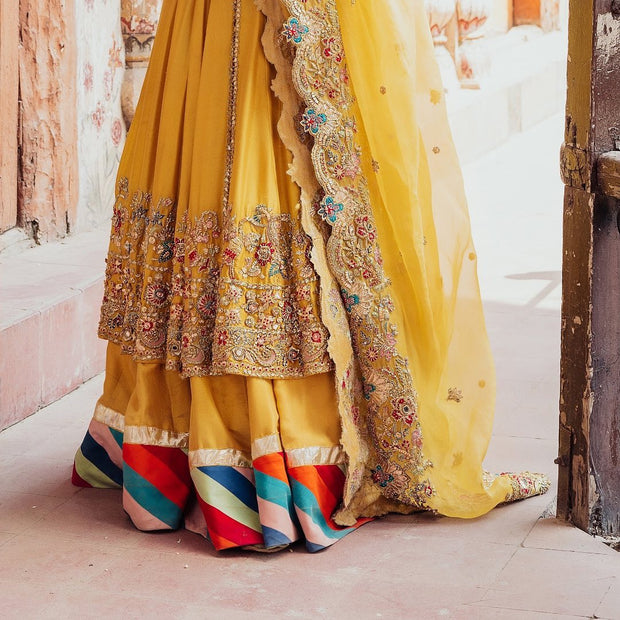 Pakistani Yellow Bridal Lehenga with Open Frock and Dupatta