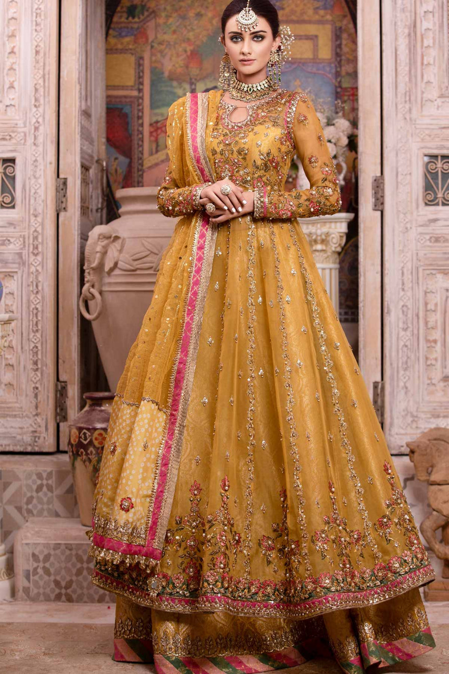 Stunning Pakistani Bridal Yellow Dress in Lehenga Gown Style