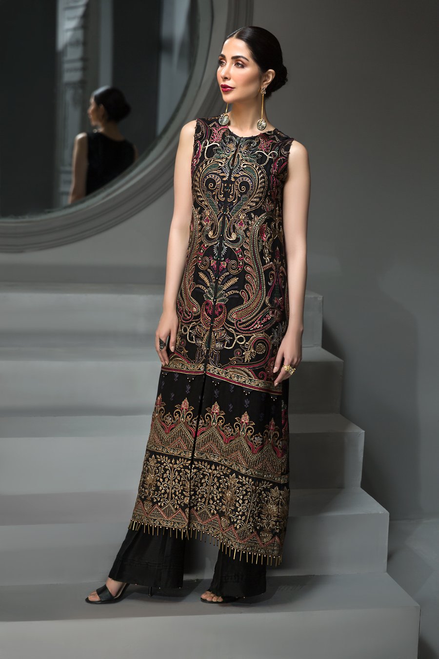Latest Pakistani Black Chiffon Party Dress Side Look