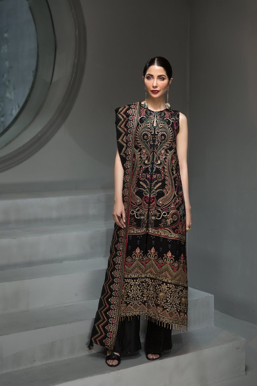 Latest Pakistani Black Chiffon Party Dress Front Long Shirt
