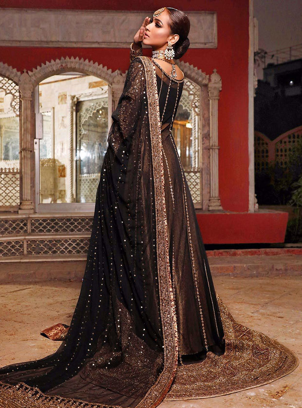 Pakistani Bridal Dress in Black Color for Wedding Backside View