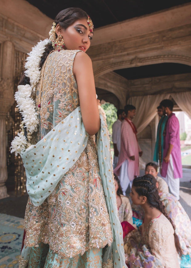 Pakistani Bridal Dress in Mint Color for Wedding Backside View