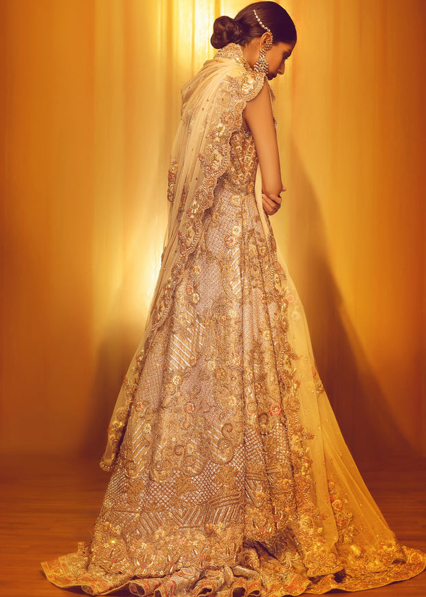 Pakistani Bridal Gold  Open Shirt Lehnga for Wedding  Backside View