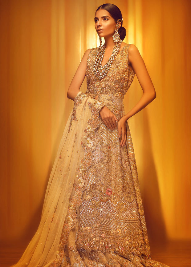 Pakistani Bridal Gold  Open Shirt Lehnga for Wedding  Front Look