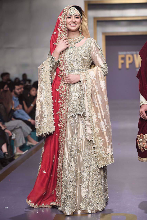 Pakistani Bridal Gold Peplum and Lehnga for Wedding Complete Look