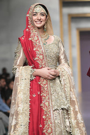 Pakistani Bridal Gold Peplum and Lehnga for Wedding