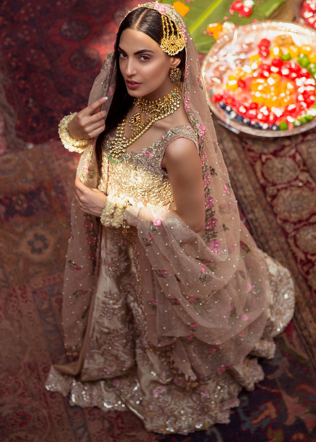 Pakistani Bridal Gold Tissue Lehnga for Wedding