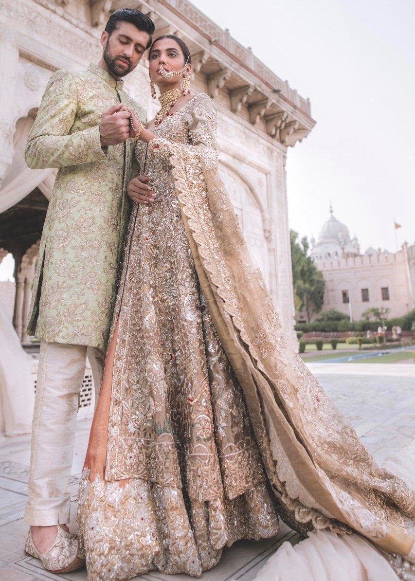 Pakistani Bridal Gown Dress for Wedding in Gold Color – Nameera by Farooq