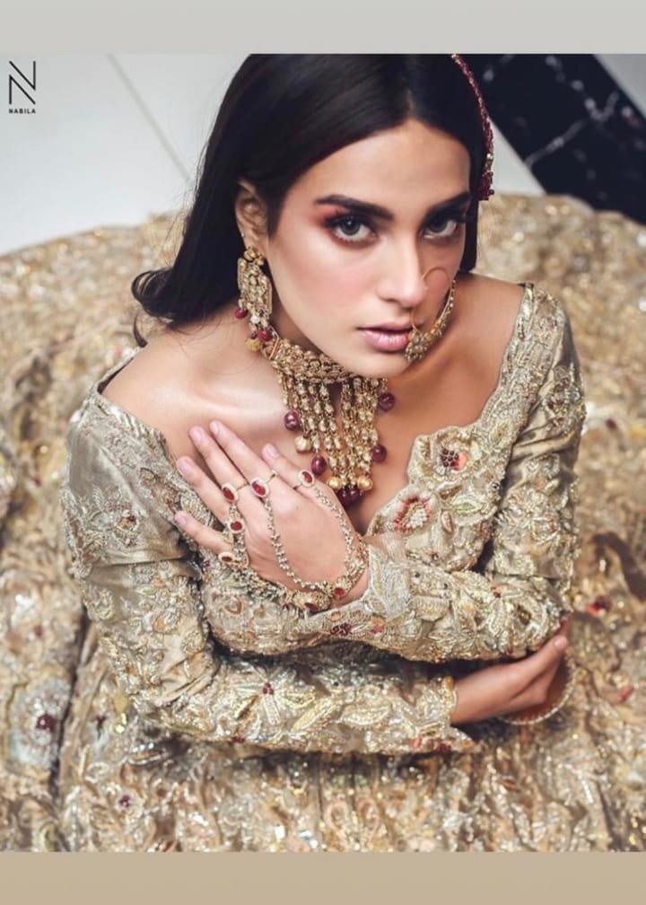 Pakistani Bridal Gown Dress for Wedding in Gold Color  Close Up