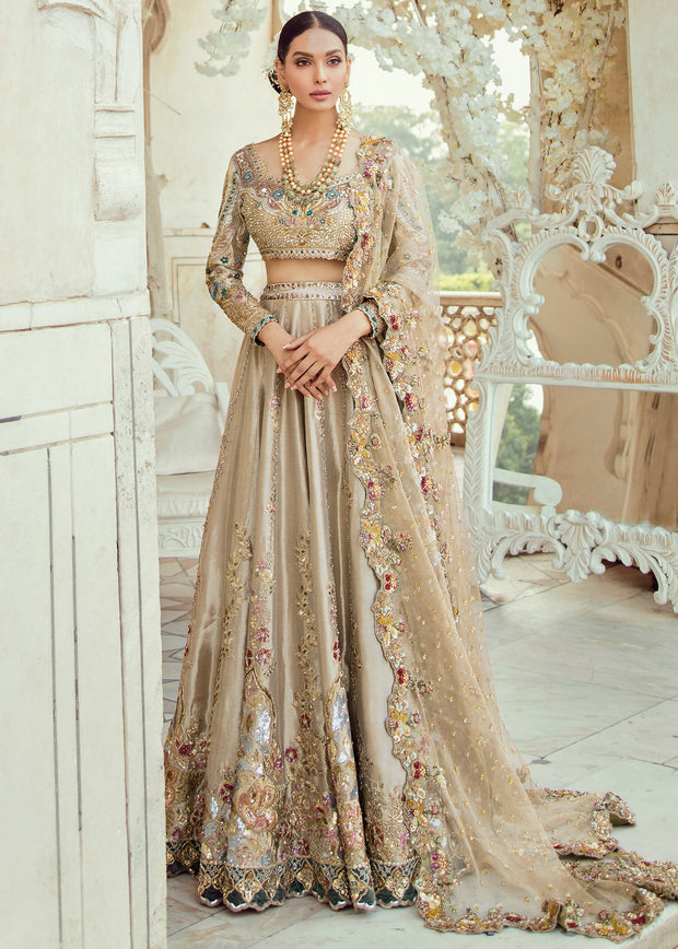 Pakistani Bridal Lehnga Choli in Gold Color Front Look