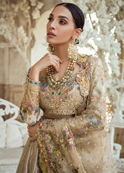 Pakistani Bridal Lehnga Choli in Gold Color Closeup