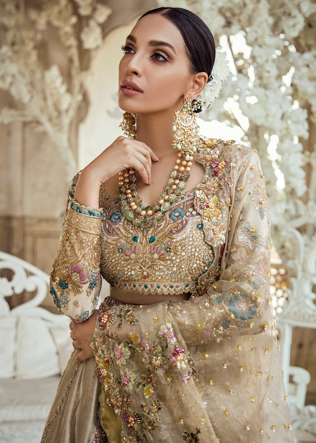 Latest Pakistani Bridal Lehnga Choli in Gold Color – Nameera by Farooq