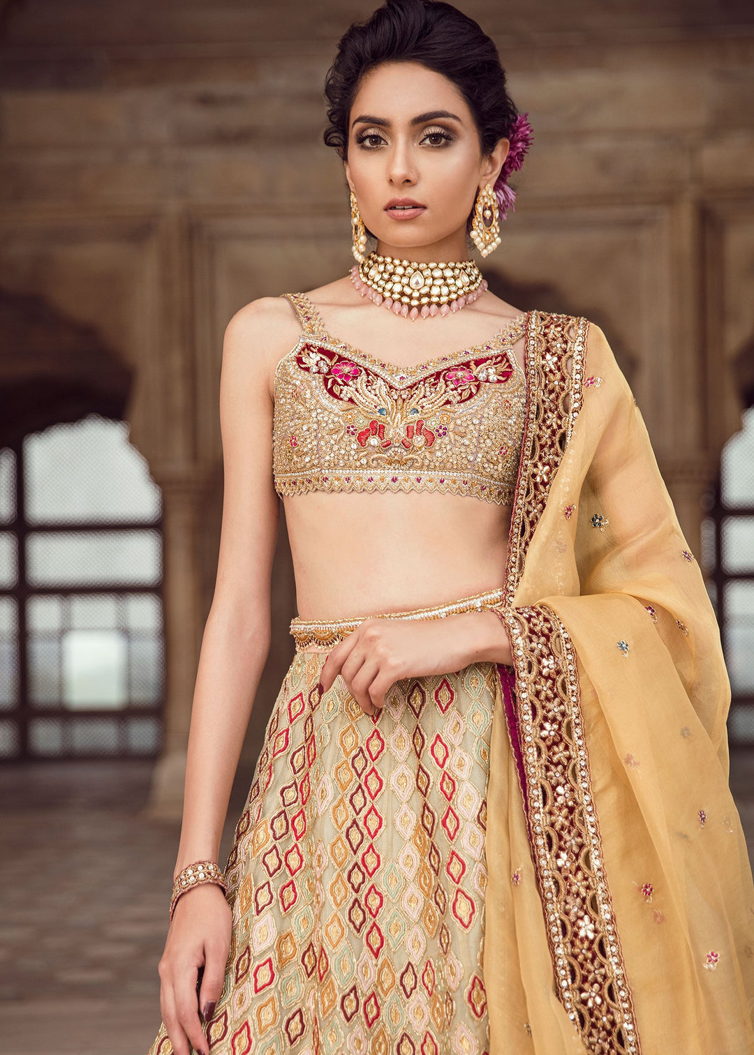 Pakistani Bridal Lehnga Choli in Light Pink Color Close Up