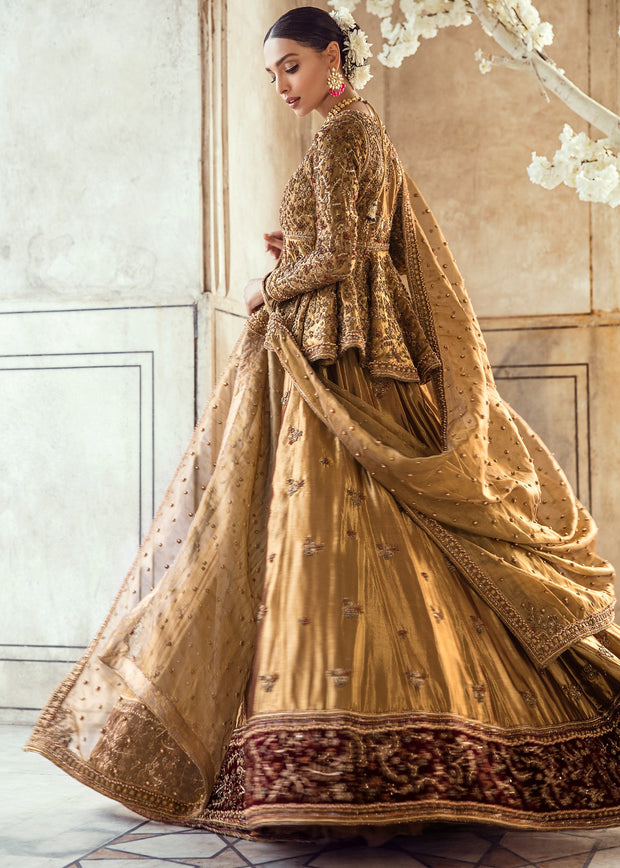 Pakistani Bridal Lehnga Shirt in Golden Color for Wedding Backside Look