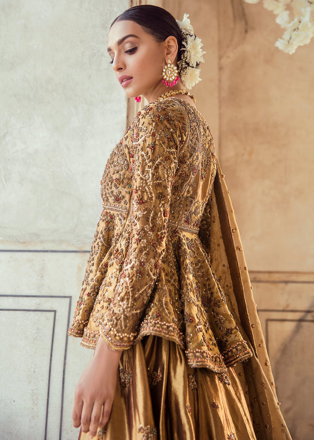 Pakistani Bridal Lehnga Shirt in Golden Color for Wedding Backside View