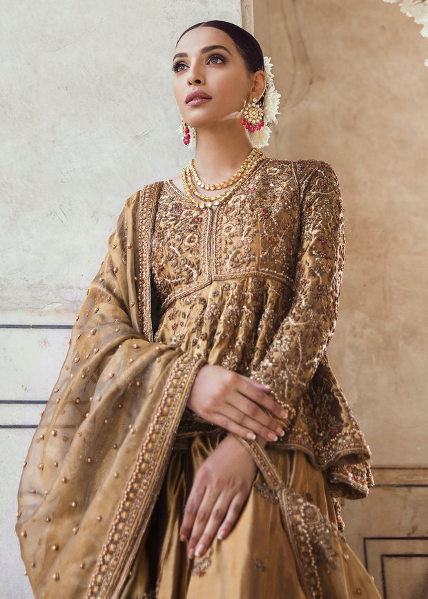 Pakistani Bridal Lehnga Shirt in Golden Color for Wedding
