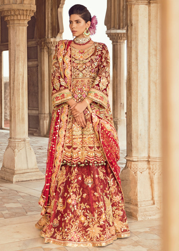 Pakistani Bridal Lehnga for Wedding in Deep Red Color Front Look