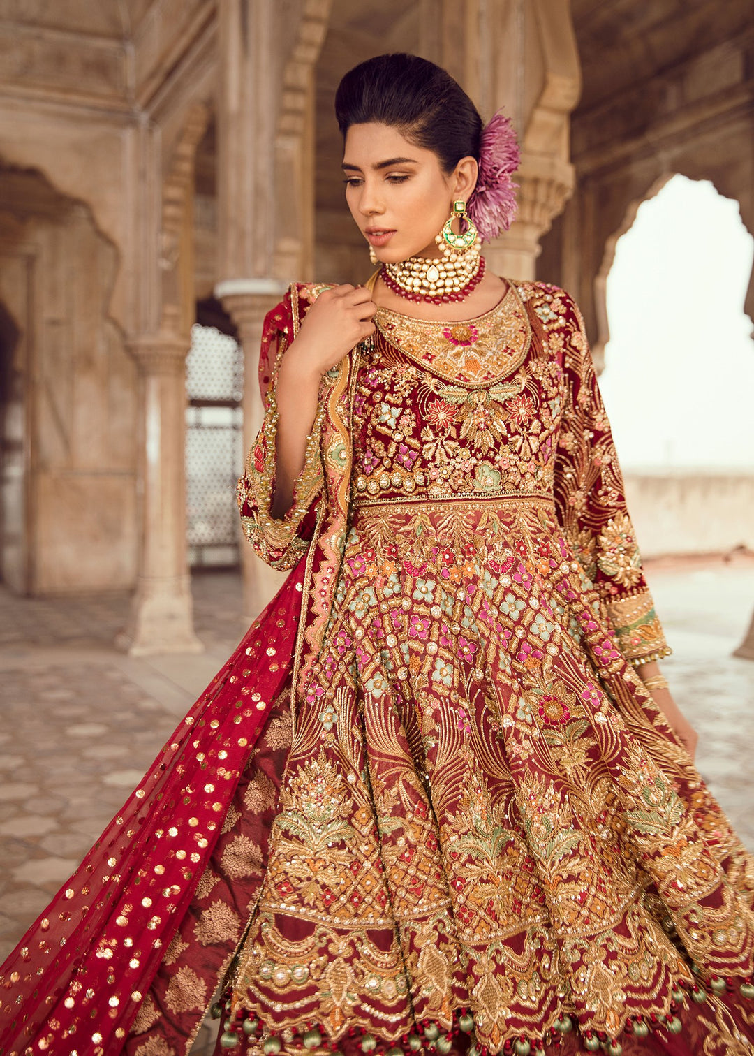 Pakistani Bridal Lehnga for Wedding in Deep Red Color