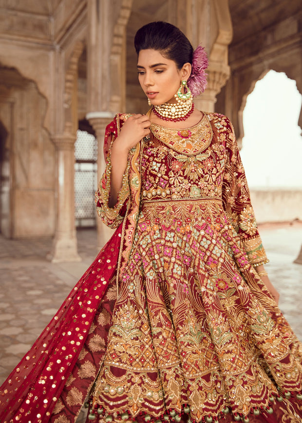 Pakistani Bridal Lehnga for Wedding in Deep Red Color