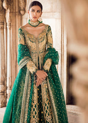 Pakistani Bridal Lehnga in Emerald Green for Wedding Front View