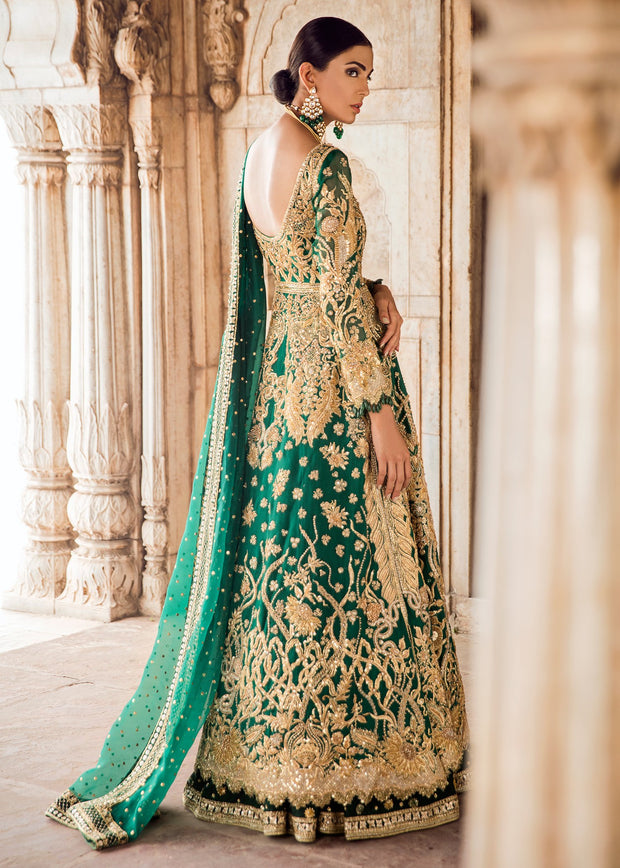 Pakistani Bridal Lehnga in Emerald Green for Wedding Backside View