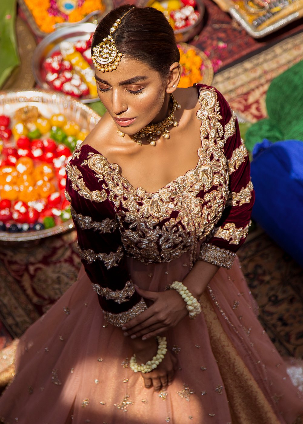 Pakistani Bridal Lehnga in Peach Color for Wedding Close Up