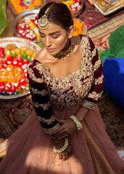 Pakistani Bridal Lehnga in Peach Color for Wedding Close Up