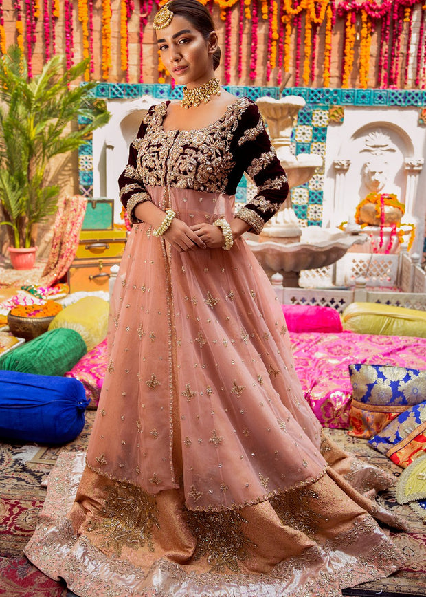 Pakistani Bridal Lehnga in Peach Color for Wedding Front View