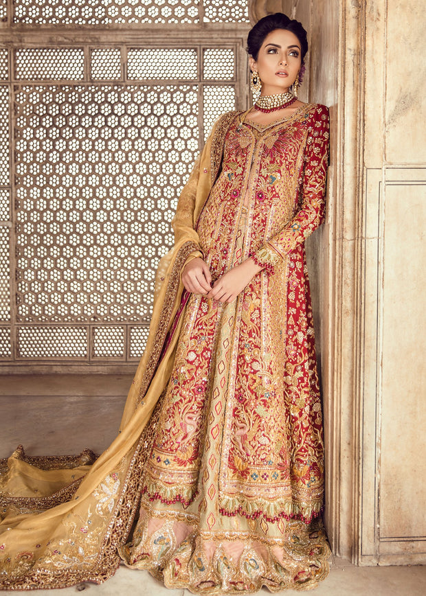 Pakistani Bridal Lehnga with Long Shirt in Red Color Front Look
