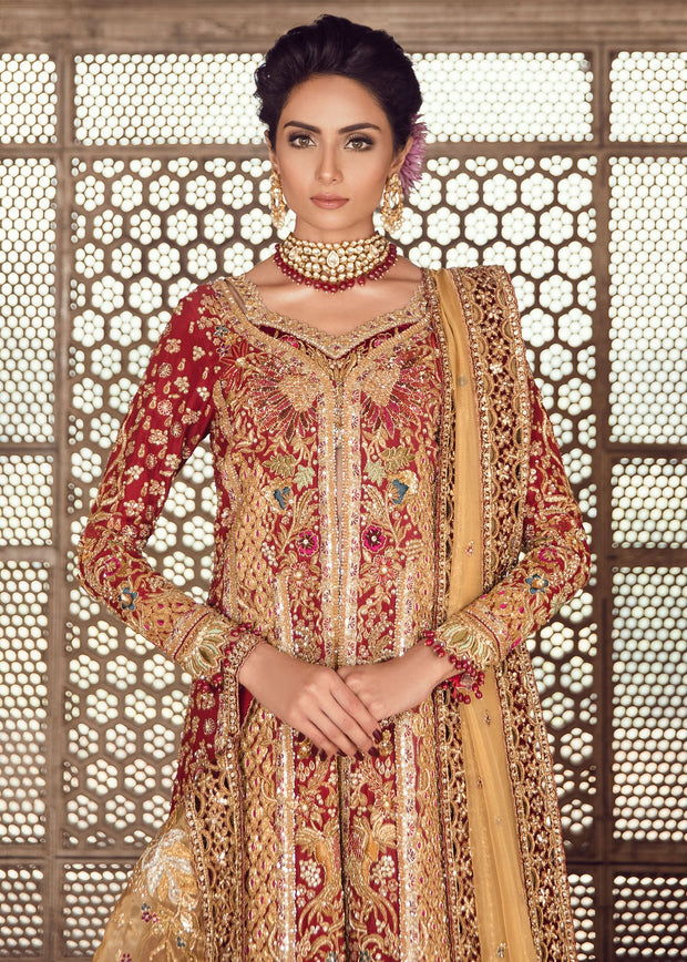 Pakistani Bridal Lehnga with Long Shirt in Red Color Close Up
