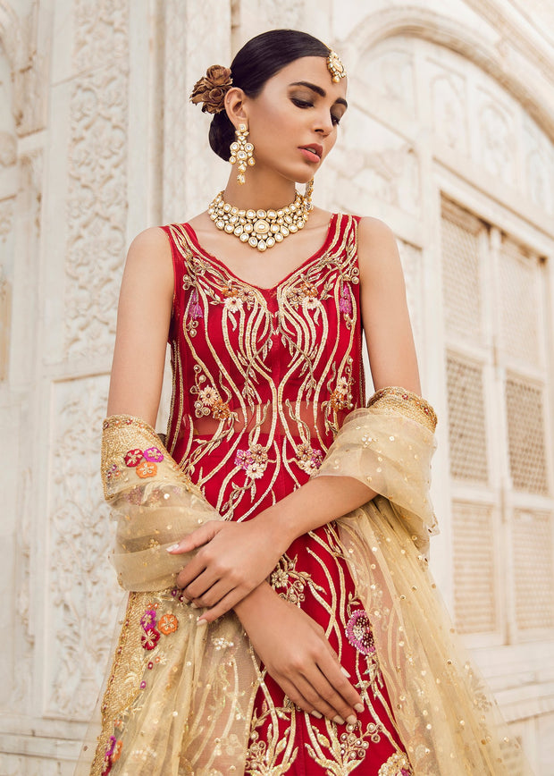 Pakistani Bridal Lehnga with Trail Shirt for Wedding Close Up