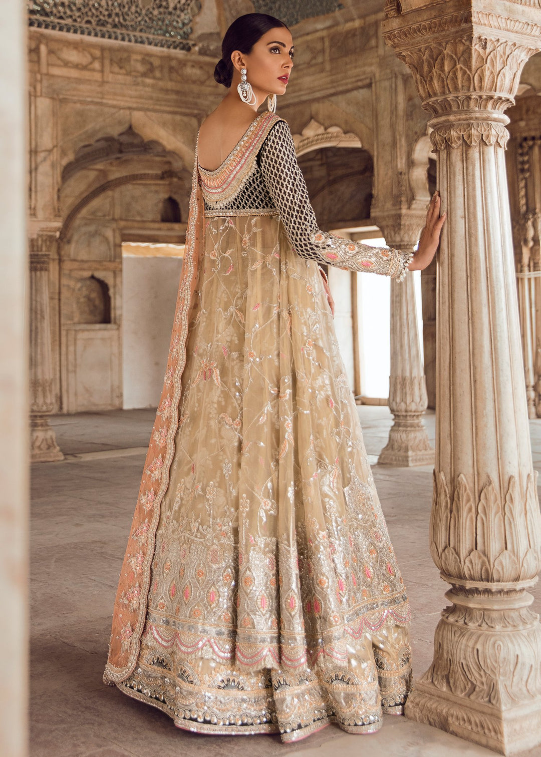 Pakistani Bridal Long Froke with Lehnga for Wedding Backside View