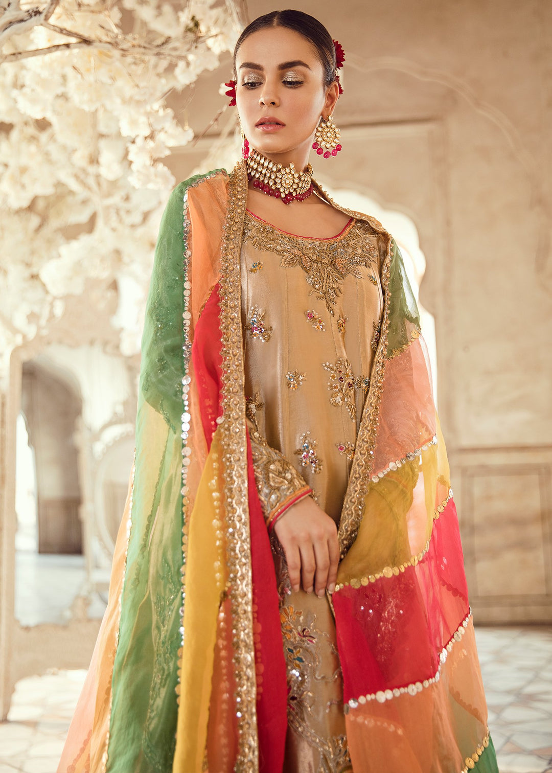 Pakistani Bridal Long Shirt Lehnga for Wedding Close Up
