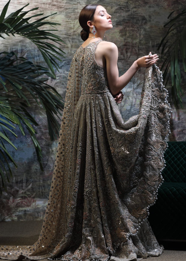 Pakistani Bridal Long Shirt Lehnga for Wedding in Grey Color Back View