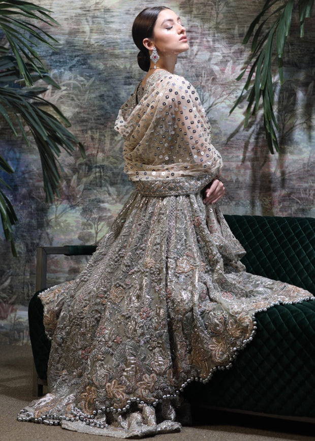 Pakistani Bridal Long Shirt Lehnga for Wedding in Grey Color Sidepose