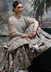 Pakistani Bridal Long Shirt Lehnga for Wedding in Grey Color Close up