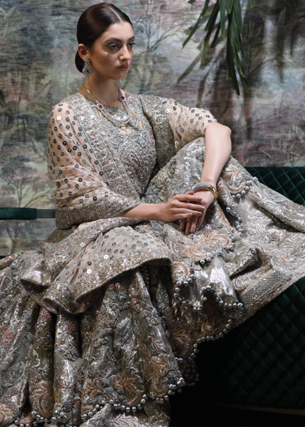 Pakistani Bridal Long Shirt Lehnga for Wedding in Grey Color Close up