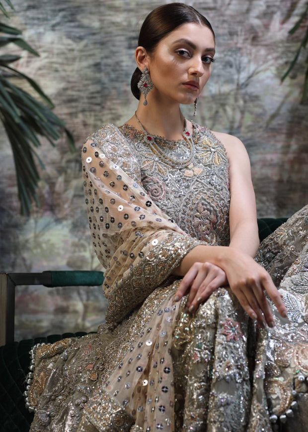 Pakistani Bridal Long Shirt Lehnga for Wedding in Grey Color