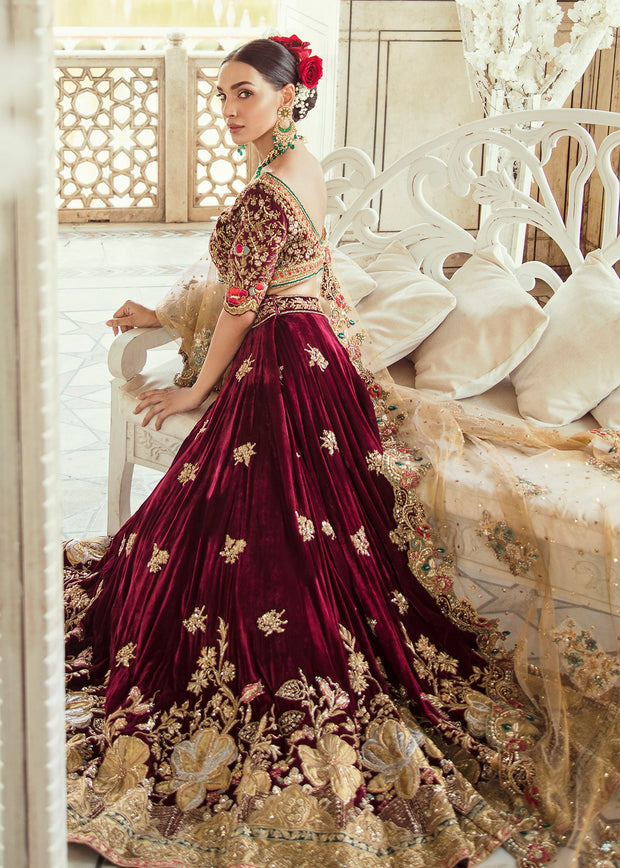 Pakistani Bridal Maroon Velvet Lehnga Dress Side Pose