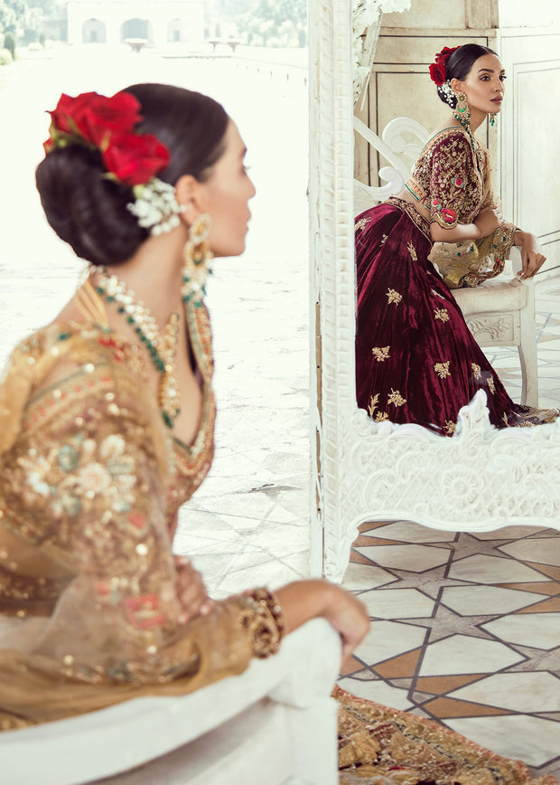 Pakistani Bridal Maroon Velvet Lehnga Dress Side Look