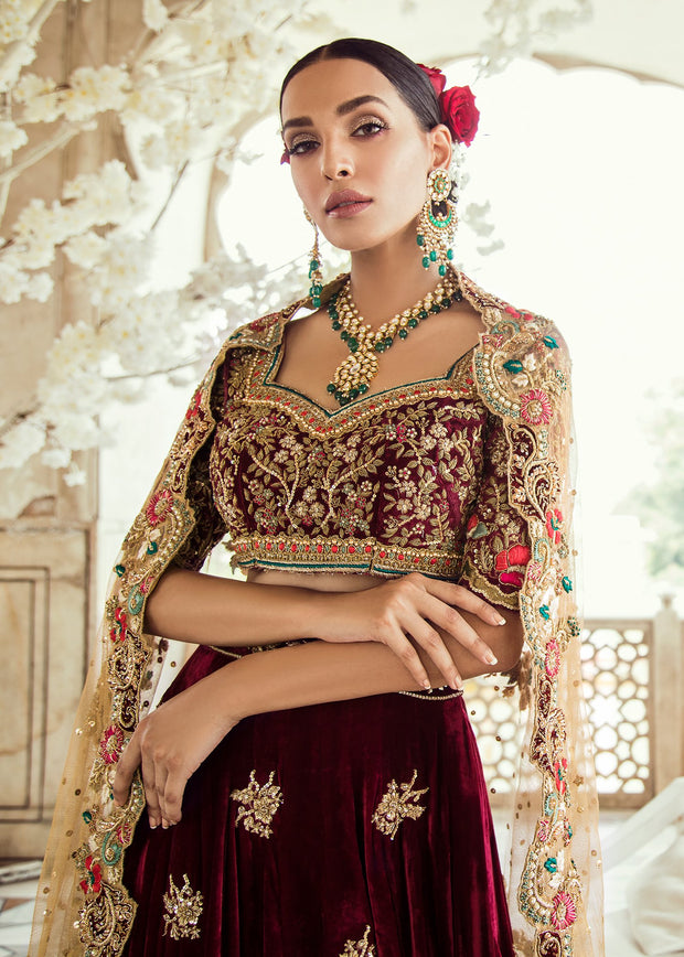 Pakistani Bridal Maroon Velvet Lehnga Dress Close Up